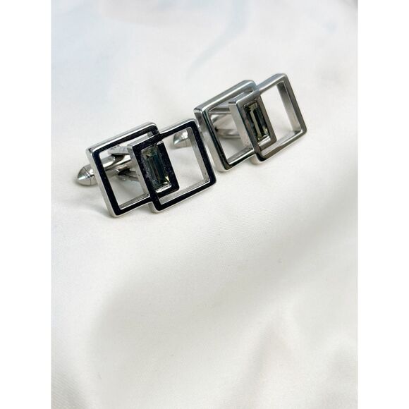 Swank modernist cube cufflinks silver tone with grey stone center - Picture 2 of 7